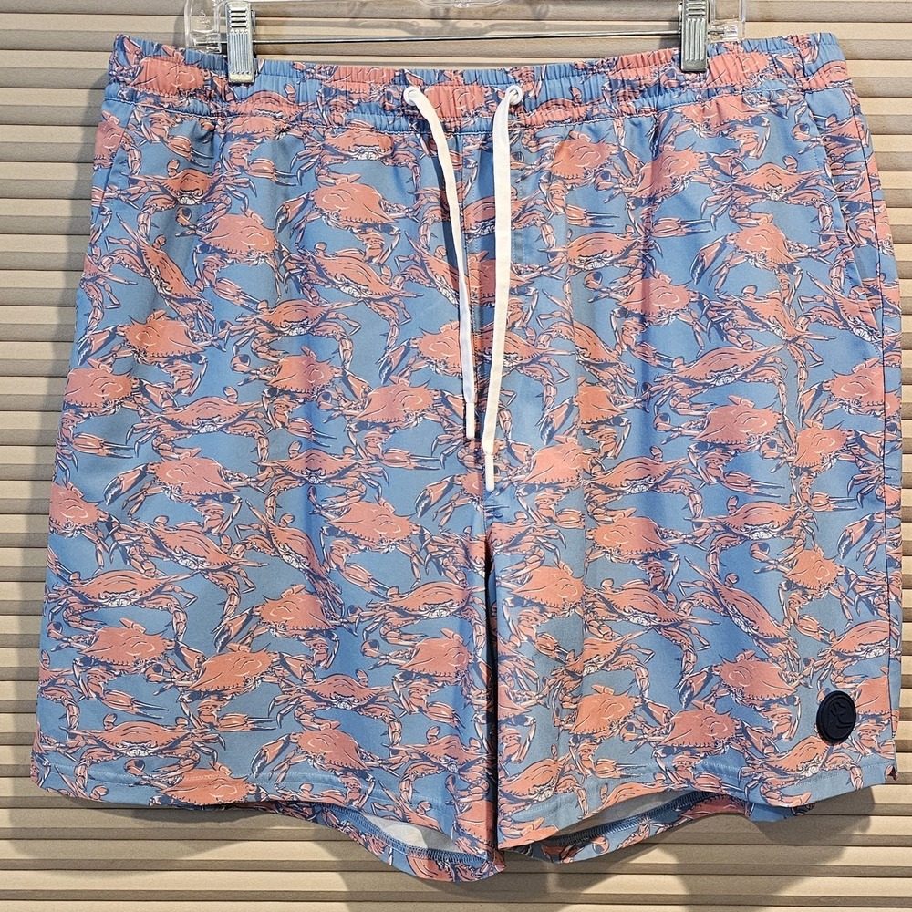 Rhoback Medley Swim Trunks Mens 3XL Blue/Pink Crab Print Drawstring Lined